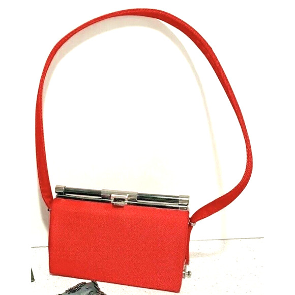 Red textured top handle evening bag dressy satin purse adjustable shoulder strap - Picture 1 of 4